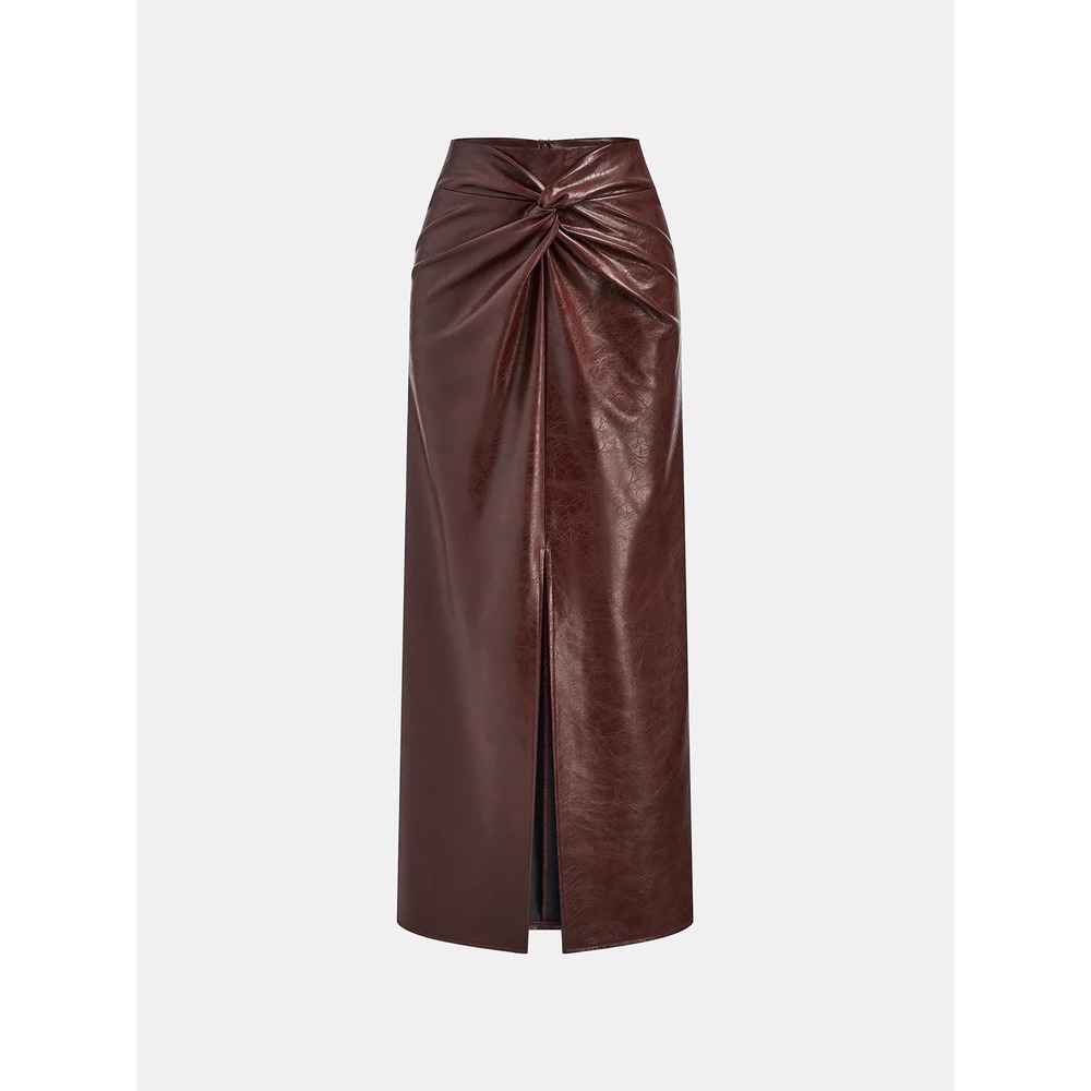 Commense Burgundy Faux Leather Twist Front Midi Skirt High Waist Slit Brown M